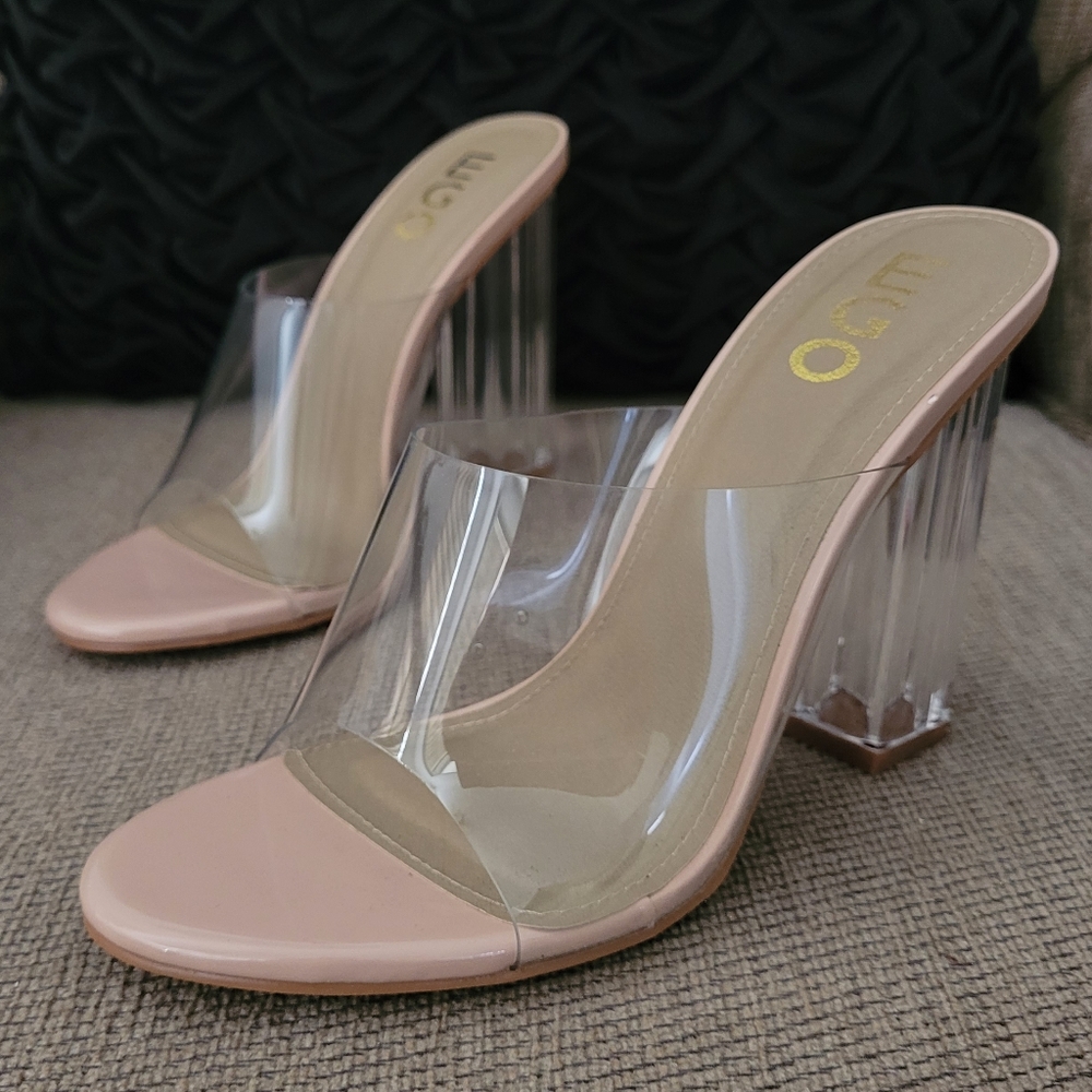 EGO FUSION PEEP TOE PERSPEX BLOCK CLEAR HEEL MULE NUDE PATENT
